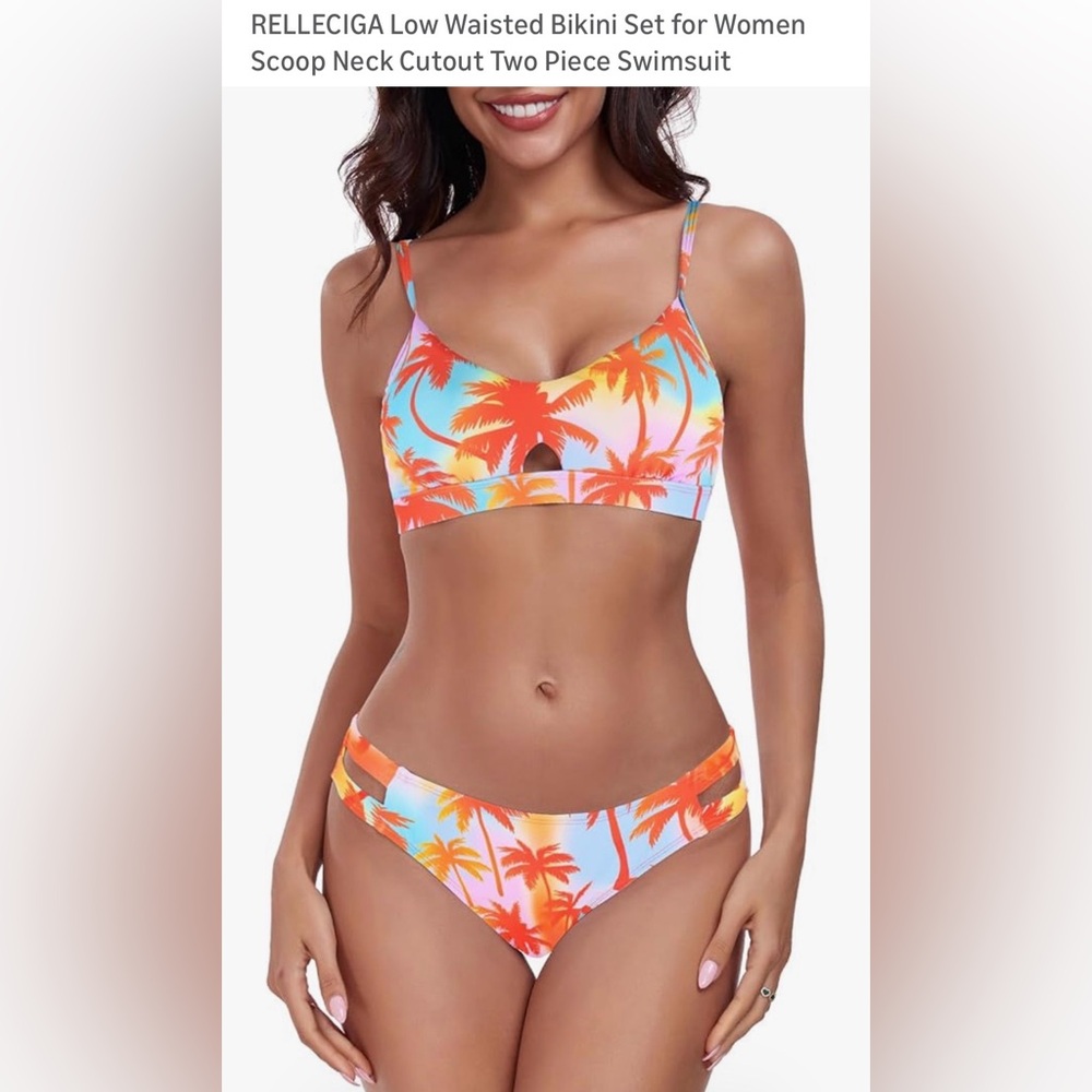 RELLECIGA Orange pink Blue Palm yellow palm tree Print Bikini Set Large nwt 2pc
